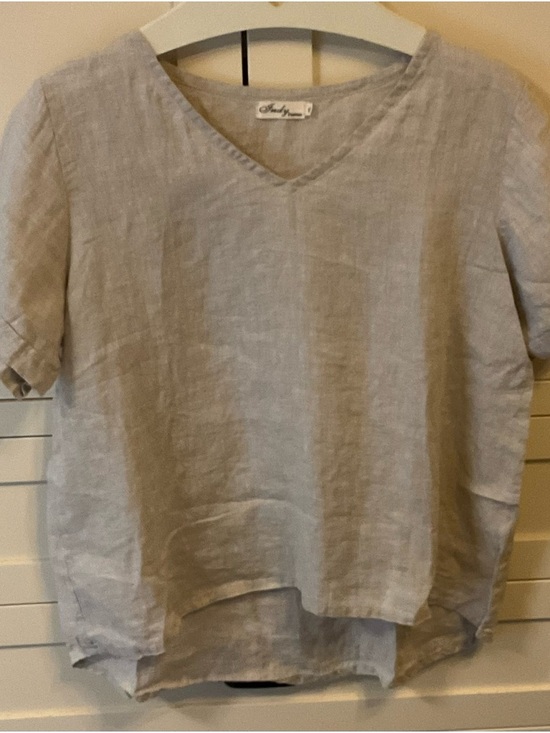 Tops - Oatmeal Colour Linen V-Neck Short Sleeve Top